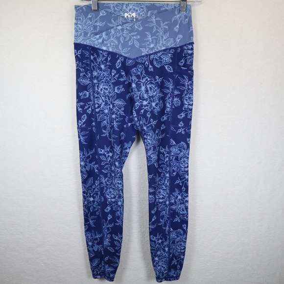 POPFLEX Pants - POPFLEX Crisscross Hourglass Pocket Legging Navy Rose Botanical Blossoms Large